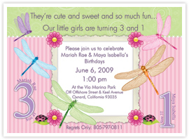Dragonfly Birthday Invitations - Pink & Green, Custom Designed Cards