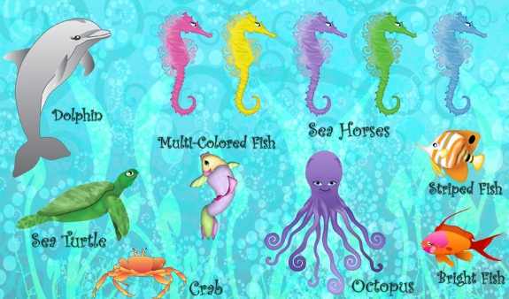 Sea Creatures Invitations Design choices - dolphin, sea horses, sea turtle, fish, purple octopus, crab